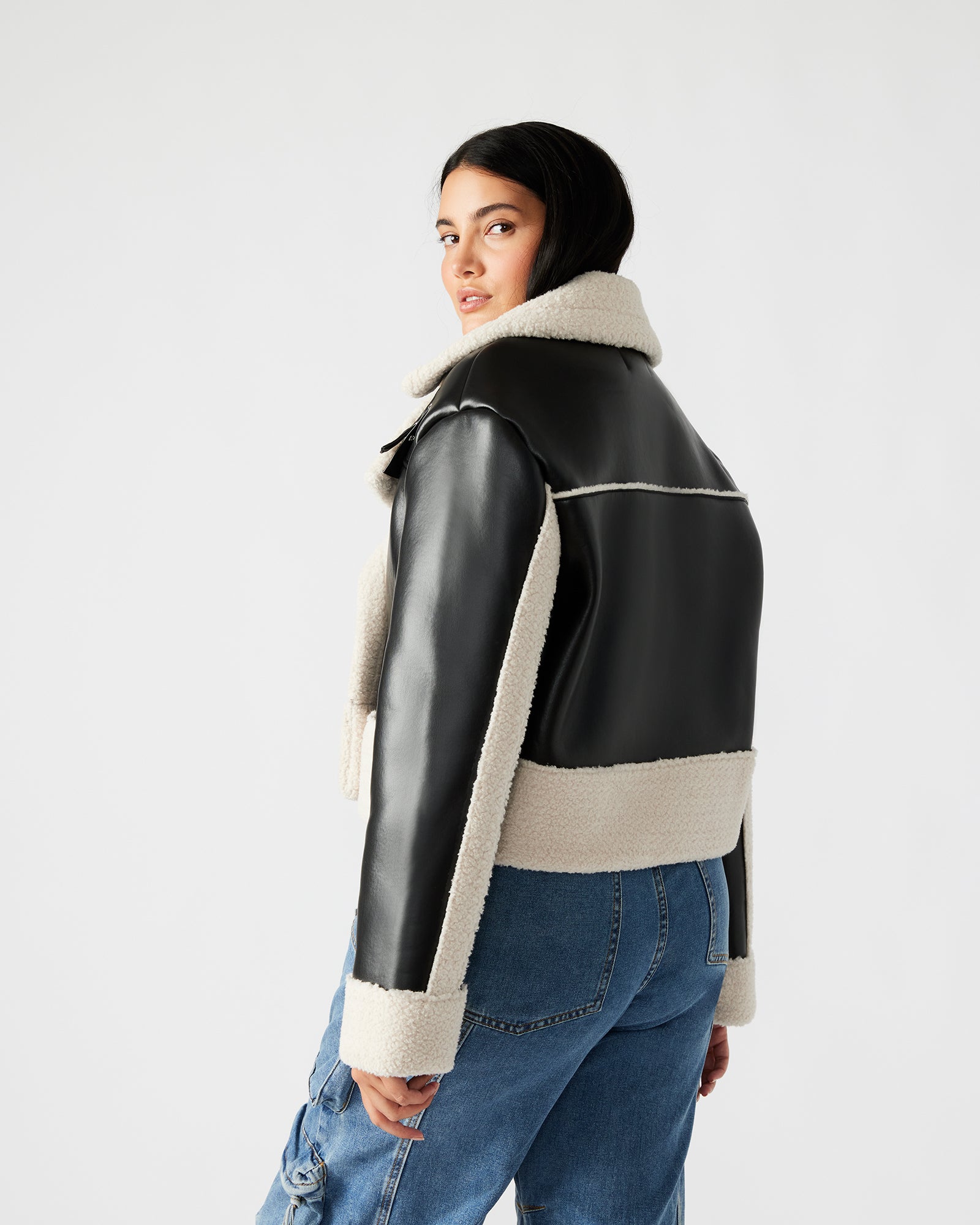 ATHEN Black Double - Breasted Faux Shearling Trim Jacket