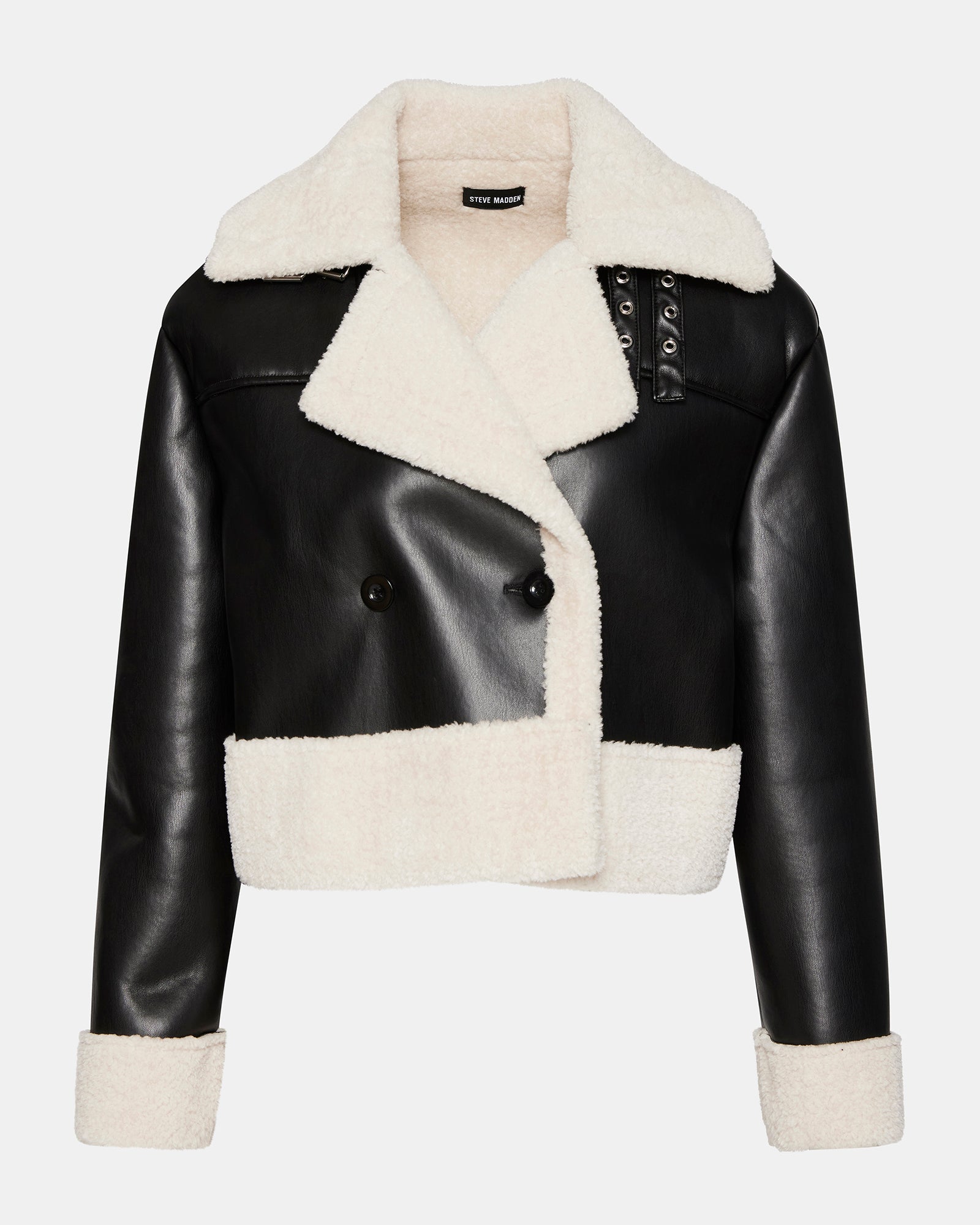 ATHEN Black Double - Breasted Faux Shearling Trim Jacket