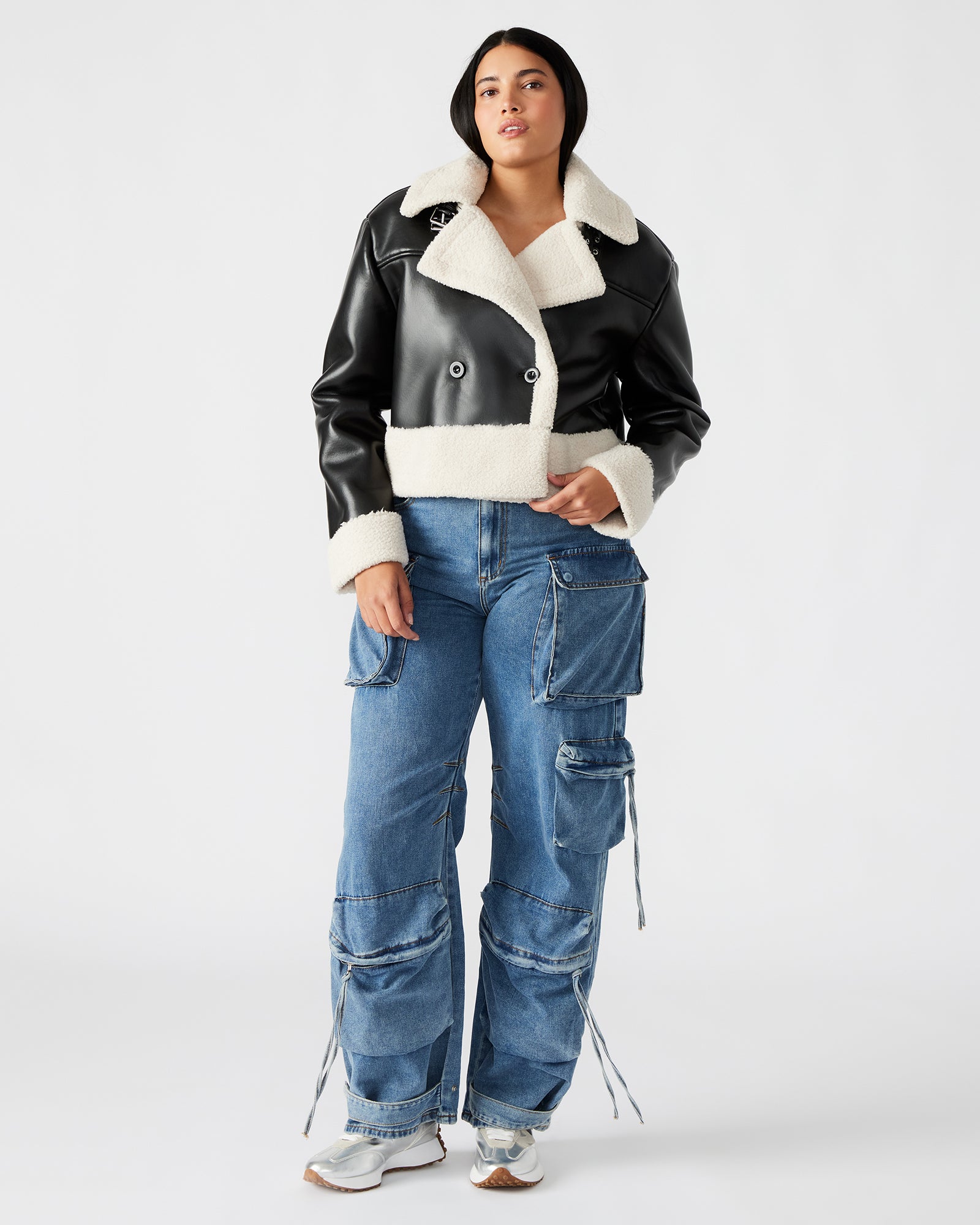 ATHEN Black Double - Breasted Faux Shearling Trim Jacket
