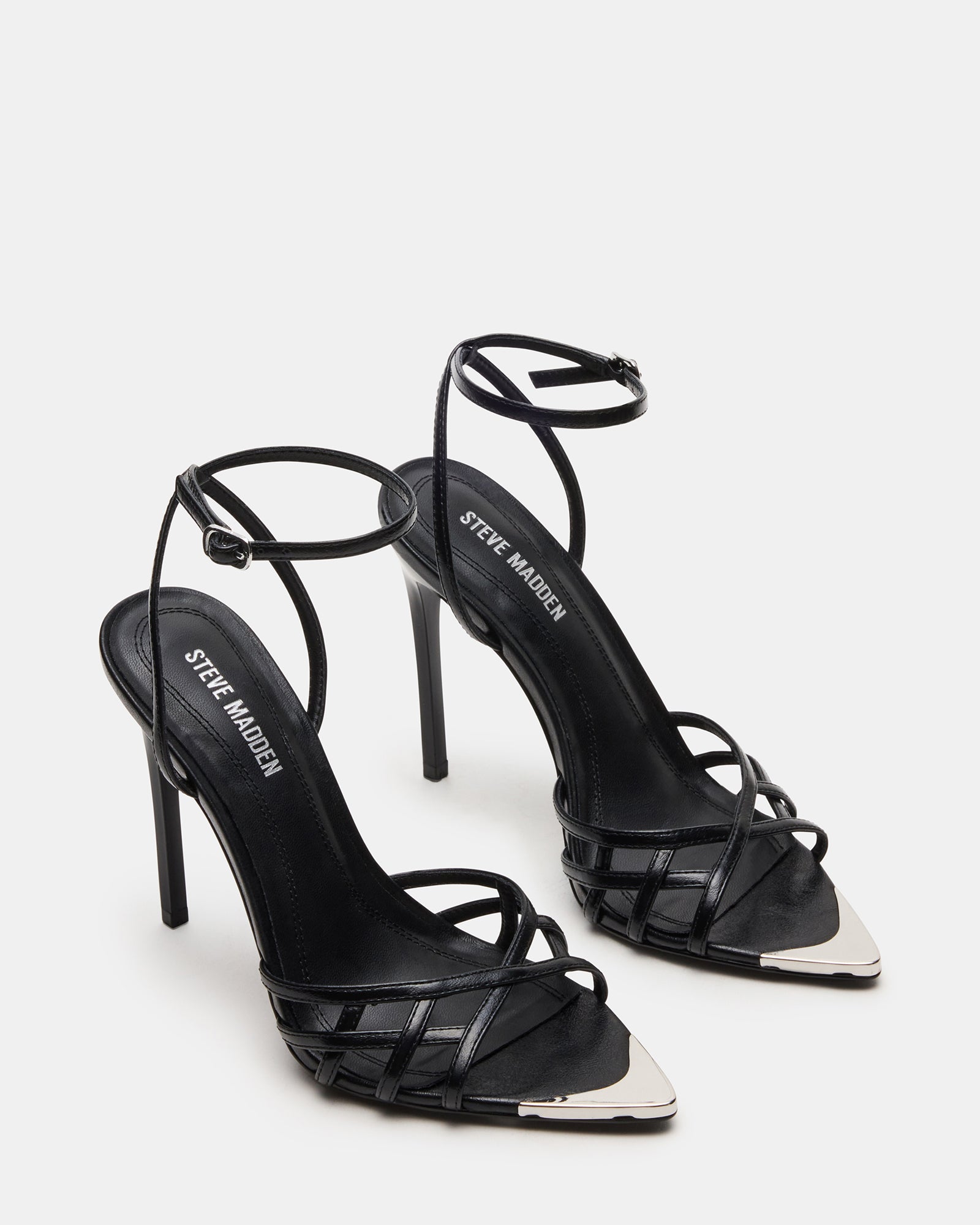 Sensational Black Leather Strappy Stiletto Heels