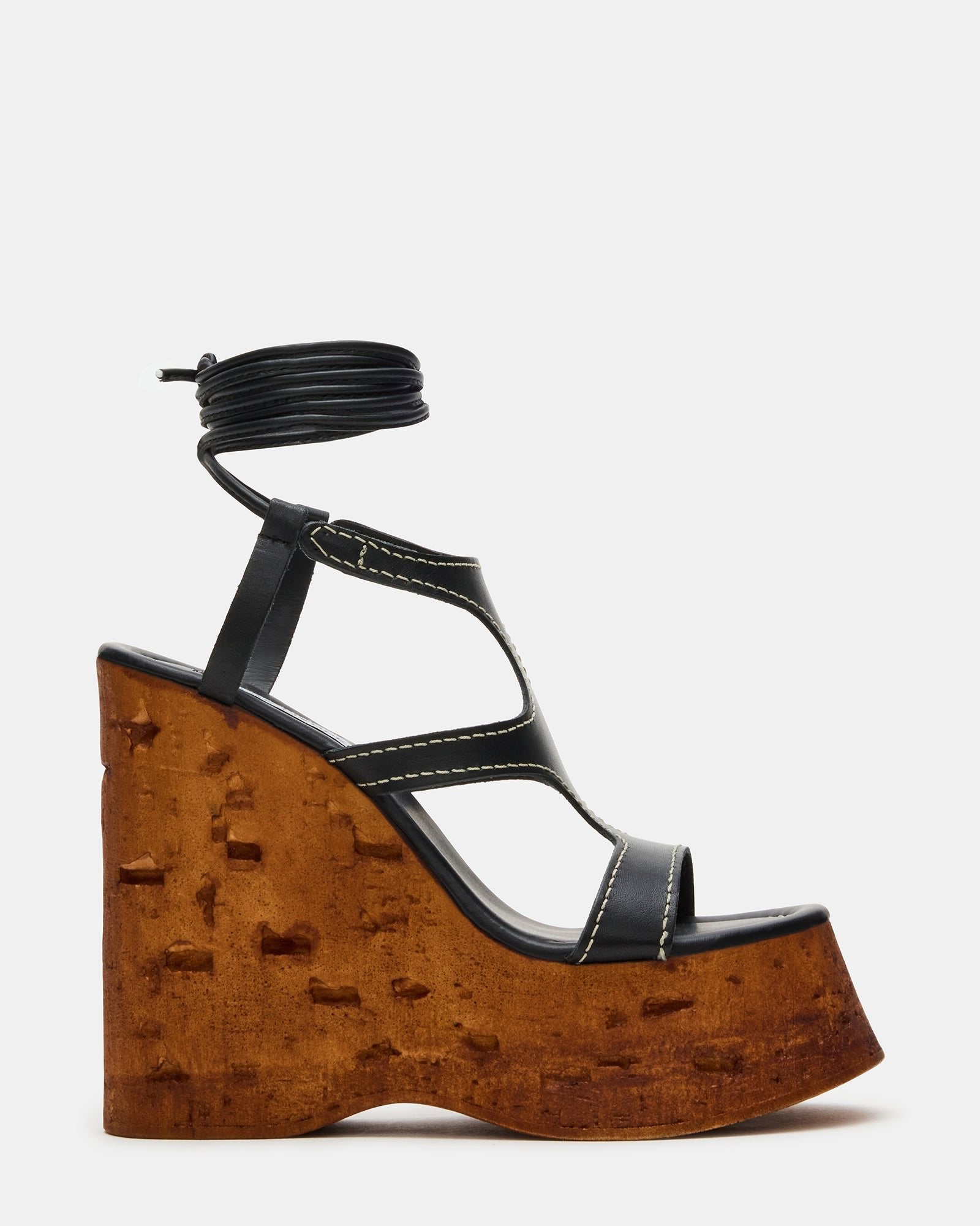 Whimsical Black Leather Platform Wedge Sandals