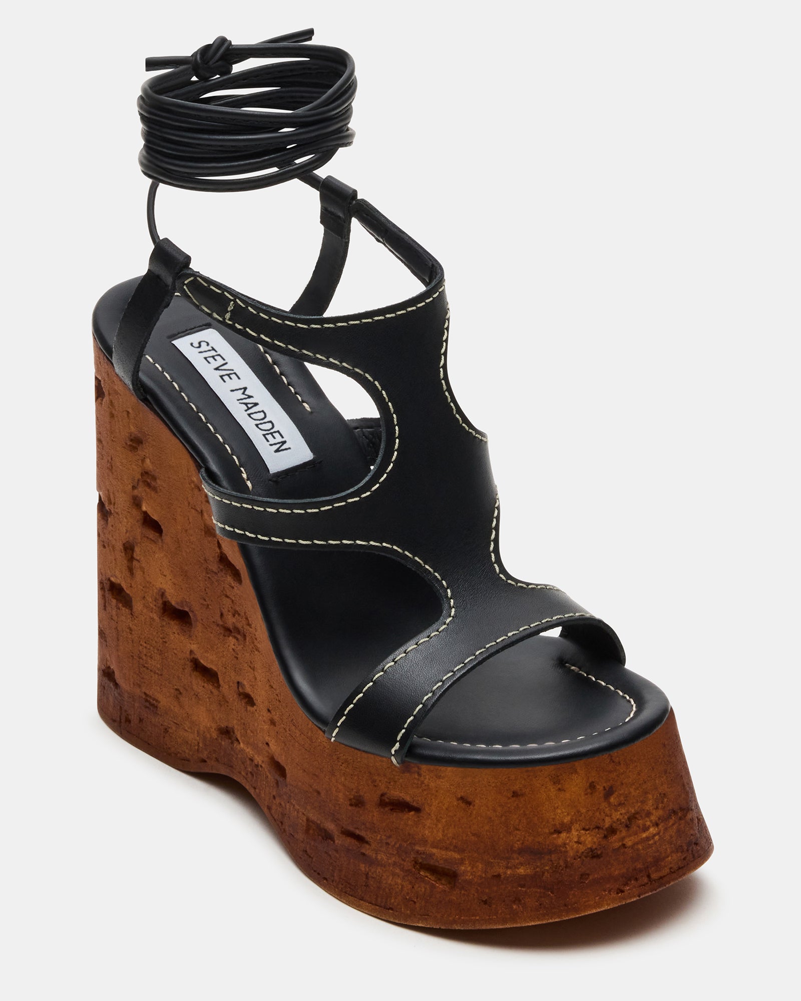 Whimsical Black Leather Platform Wedge Sandals