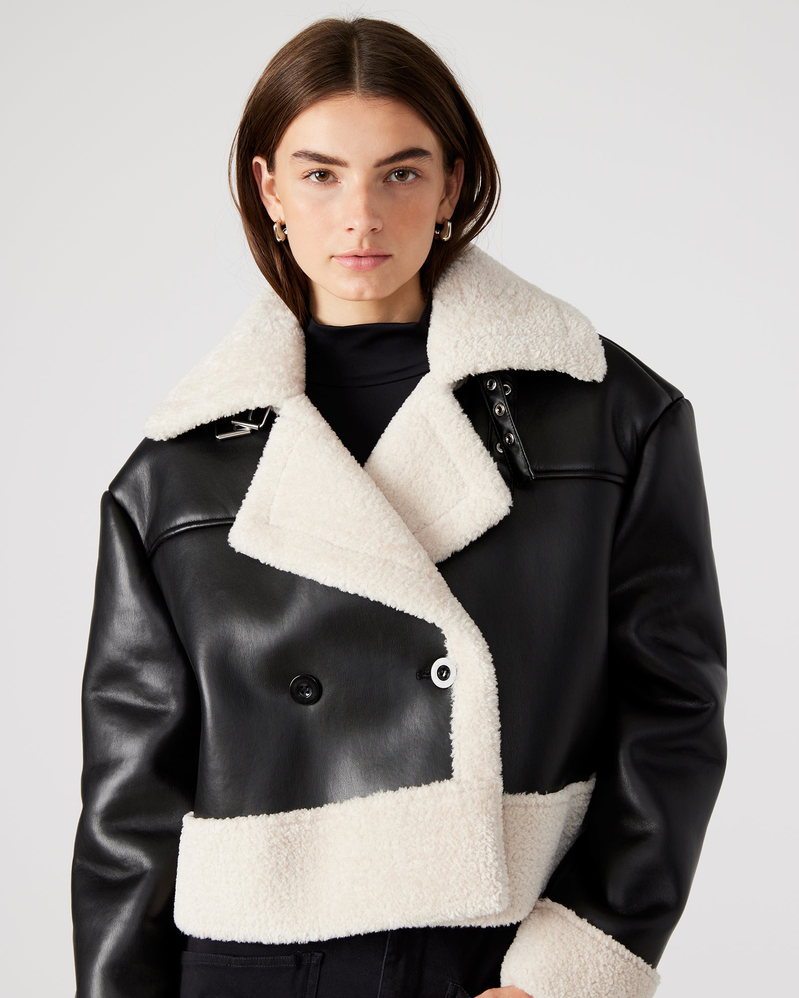 ATHEN Black Double - Breasted Faux Shearling Trim Jacket
