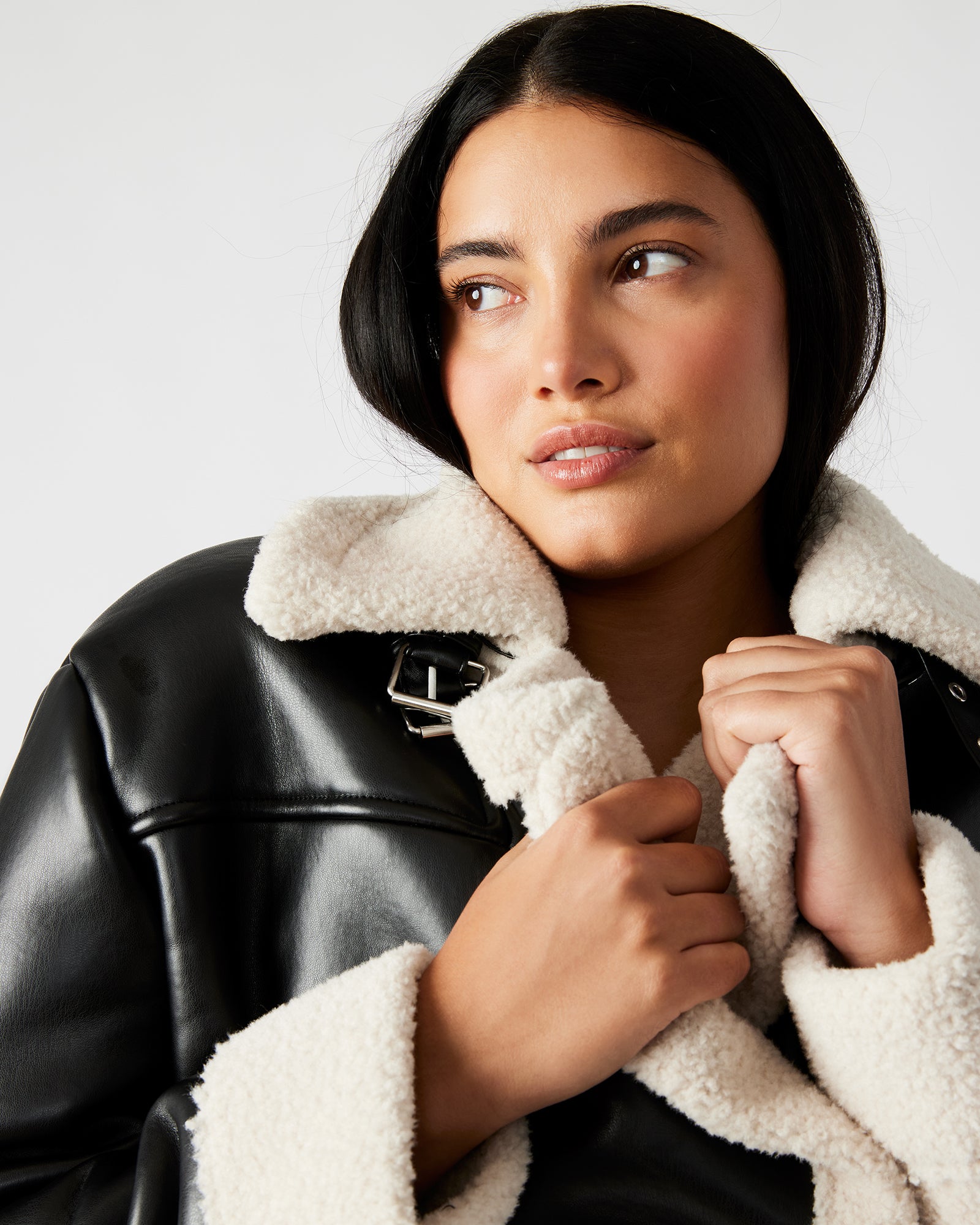 ATHEN Black Double - Breasted Faux Shearling Trim Jacket